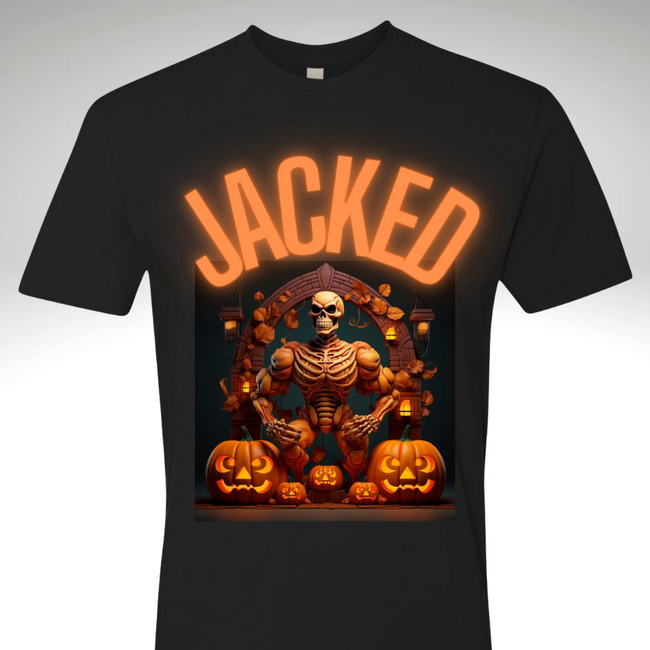 Jacked Men's Halloween Skeleton Muscle Flex T Shirt Jack O Lantern Glow