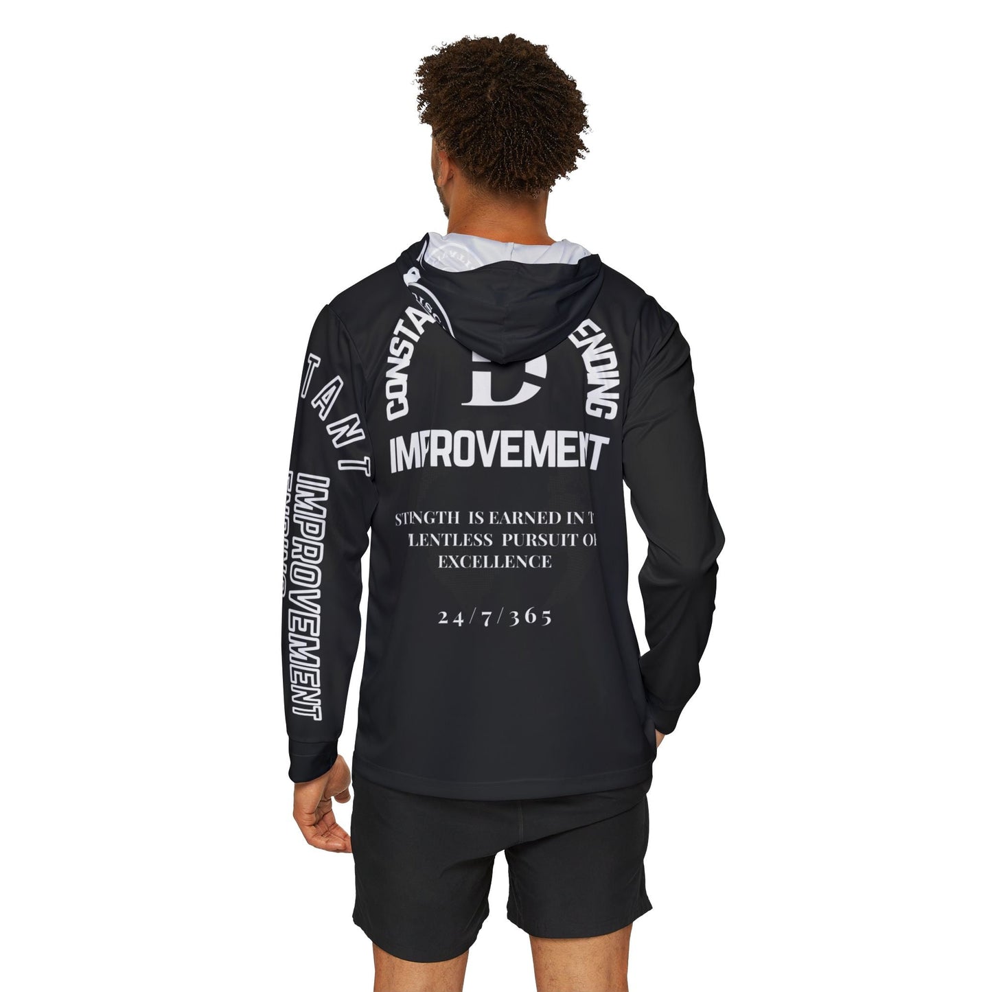Constant Never Ending Improvement Dry Fit SPF 50 Men's Sports Warmup Hoodie (AOP) - Discipline Over Motivation 24/7