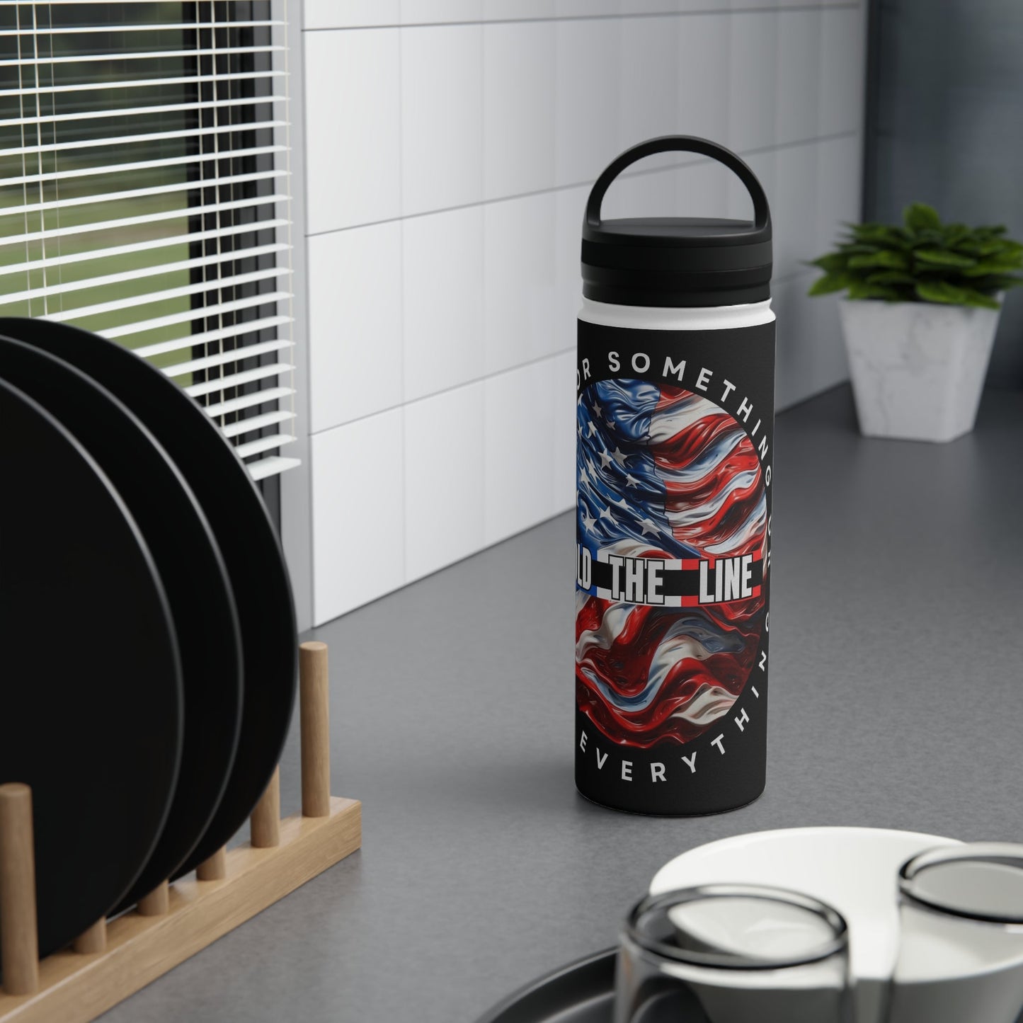 Customizable American Flag “Hold The Line” Stainless Steel Water Bottle - Discipline Over Motivation 24/7