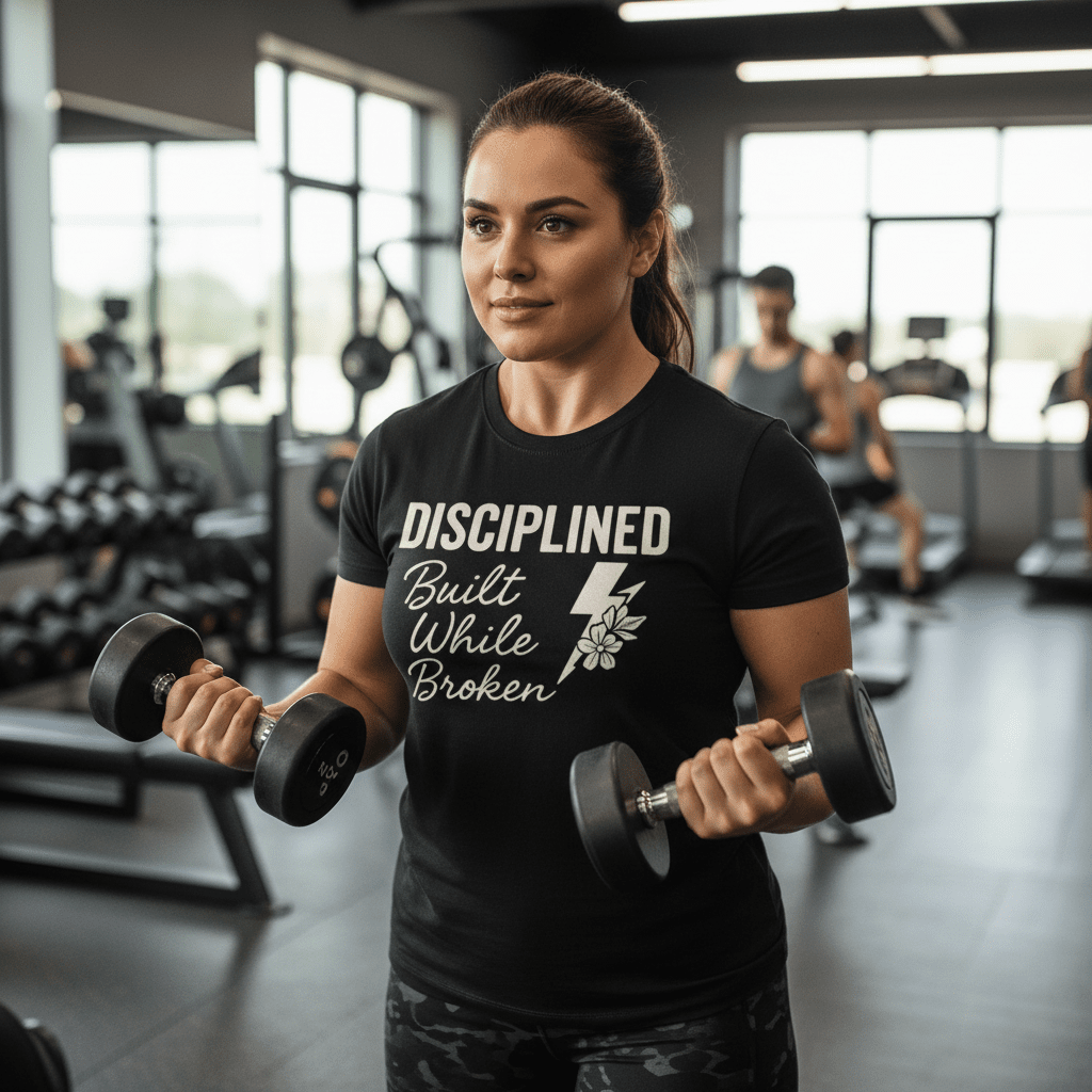 Disciplined. Built While Broken Tee - Discipline Over Motivation 24/7
