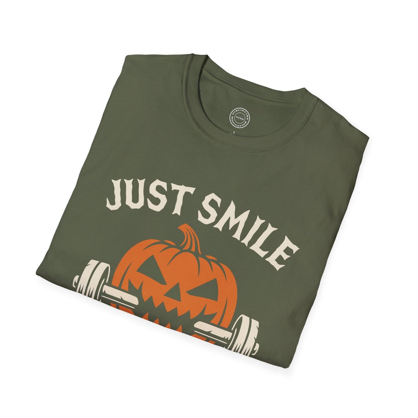 Halloween Orange and White Jack O Lantern Just Smile and Lift Heavy Pump Cover Up T-Shirt | Motivational Gym & Weightlifting Apparel - Discipline Over Motivation 24/7