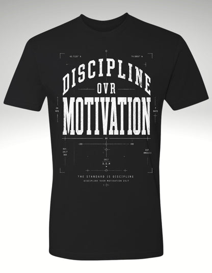 A navy Black short-sleeve t-shirt with a white graphic print on the front reading 'DISCIPLINE OVR MOTIVATION' in a blueprint-style font.