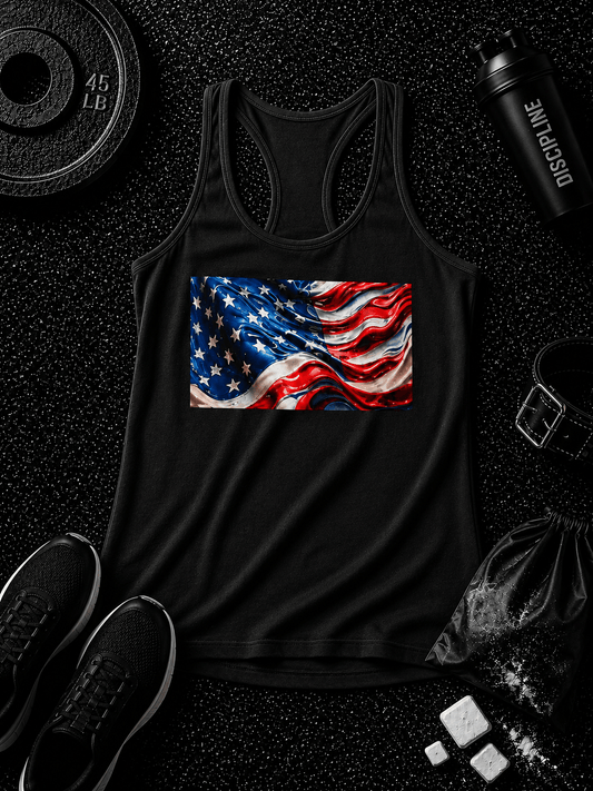 AMERICAN FLAG — WOMEN’S RACERBACK TANK - Discipline Over Motivation 24/7
