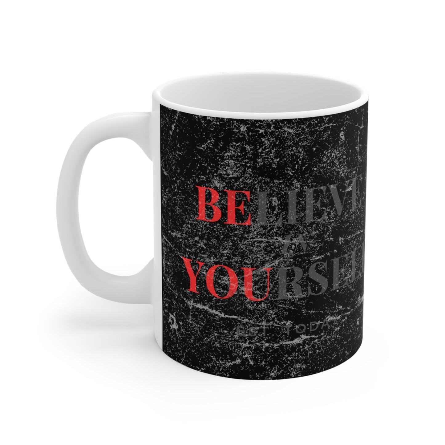 Believe In Yourself Distressed Black Mug - Discipline Over Motivation 247