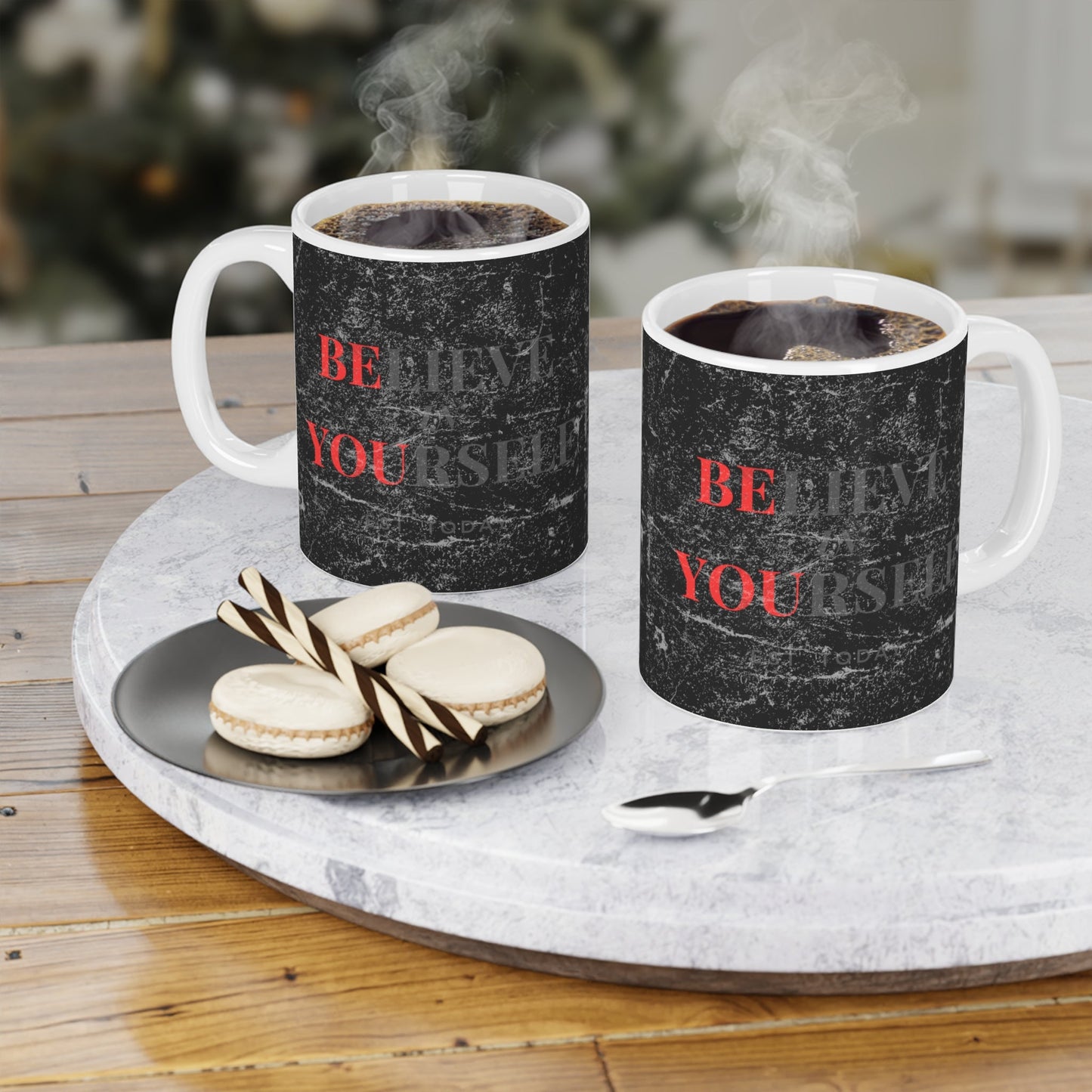 Believe In Yourself Distressed Black Mug - Discipline Over Motivation 247