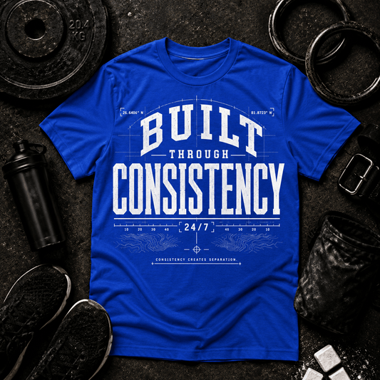 BUILT THROUGH CONSISTENCY™ TEE - Discipline Over Motivation 24/7