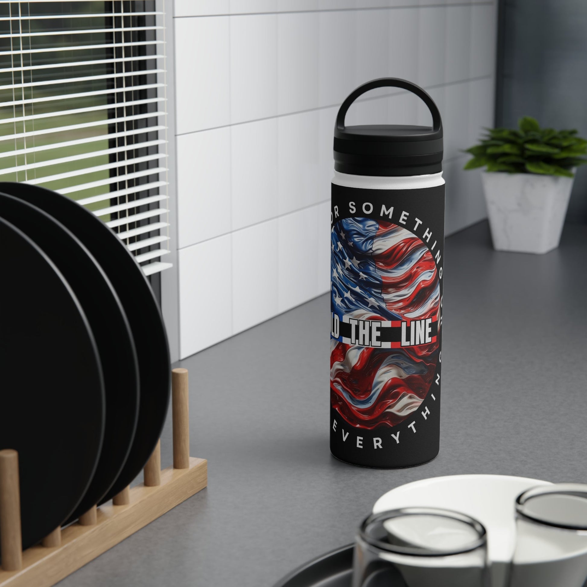 Customizable American Flag “Hold The Line” Stainless Steel Water Bottle - Discipline Over Motivation 24/7
