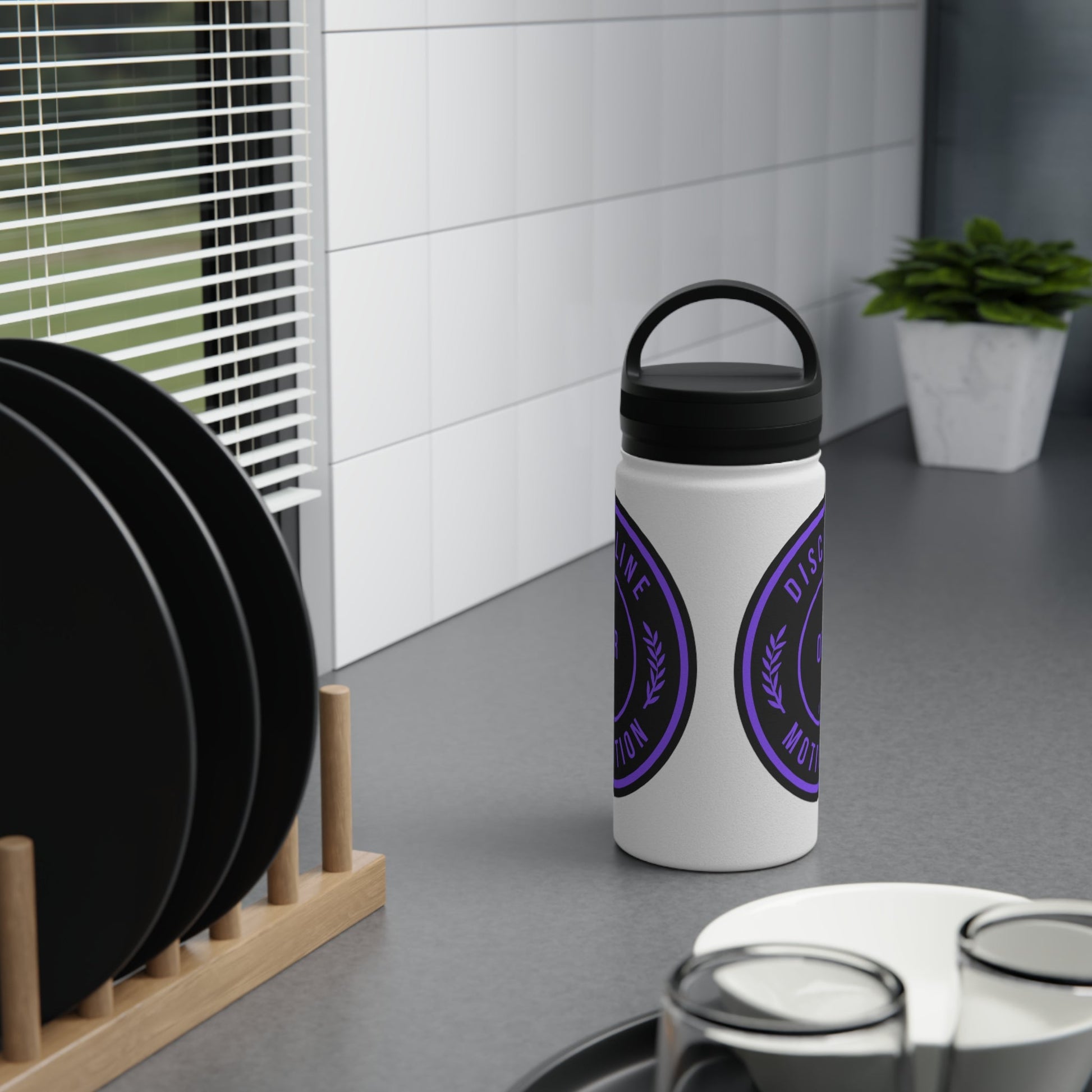 Discipline Over Motivation Purple and Black Stainless Steel Water Bottle, Handle Lid - Discipline Over Motivation 247