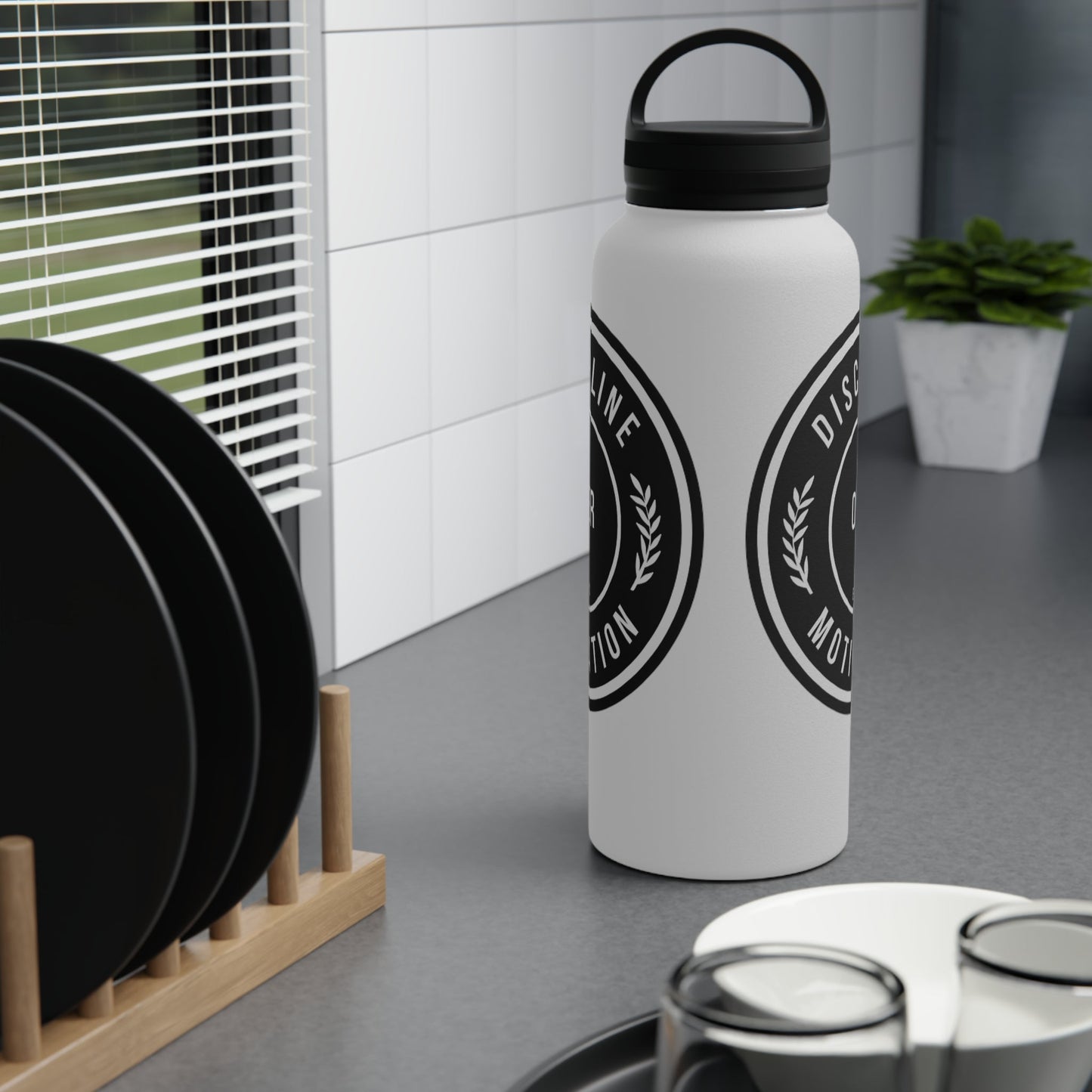 Discipline Over Motivation Stainless Steel Water Bottle Black and White, Handle Lid - Discipline Over Motivation 247