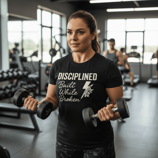 Disciplined. Built While Broken Tee - Discipline Over Motivation 24/7