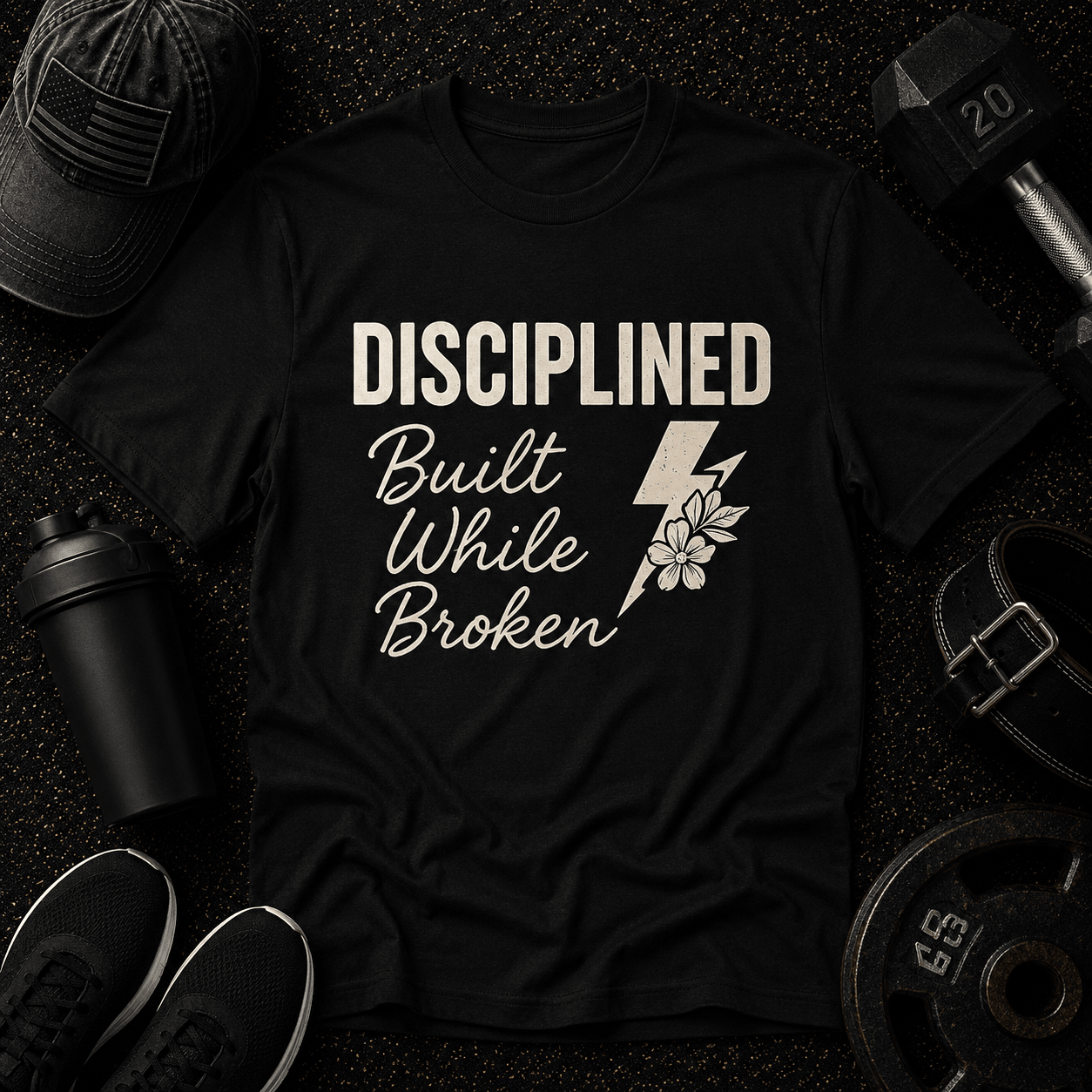 Disciplined. Built While Broken Tee - Discipline Over Motivation 24/7