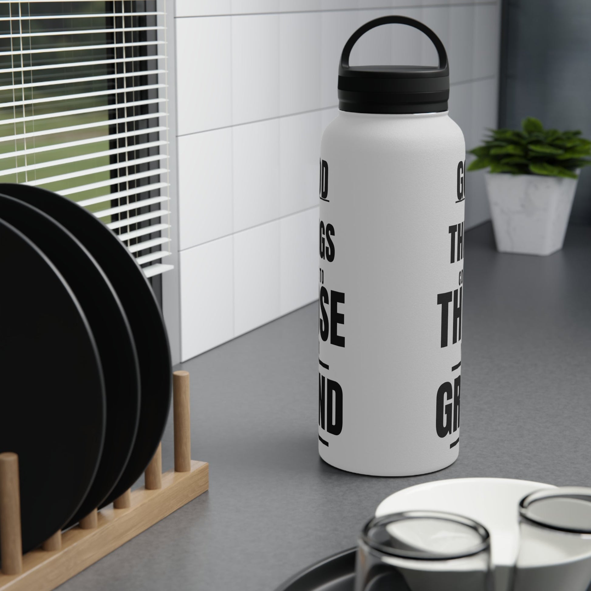 Good Things Stainless Steel Water Bottle Black and White, Handle Lid - Discipline Over Motivation 247