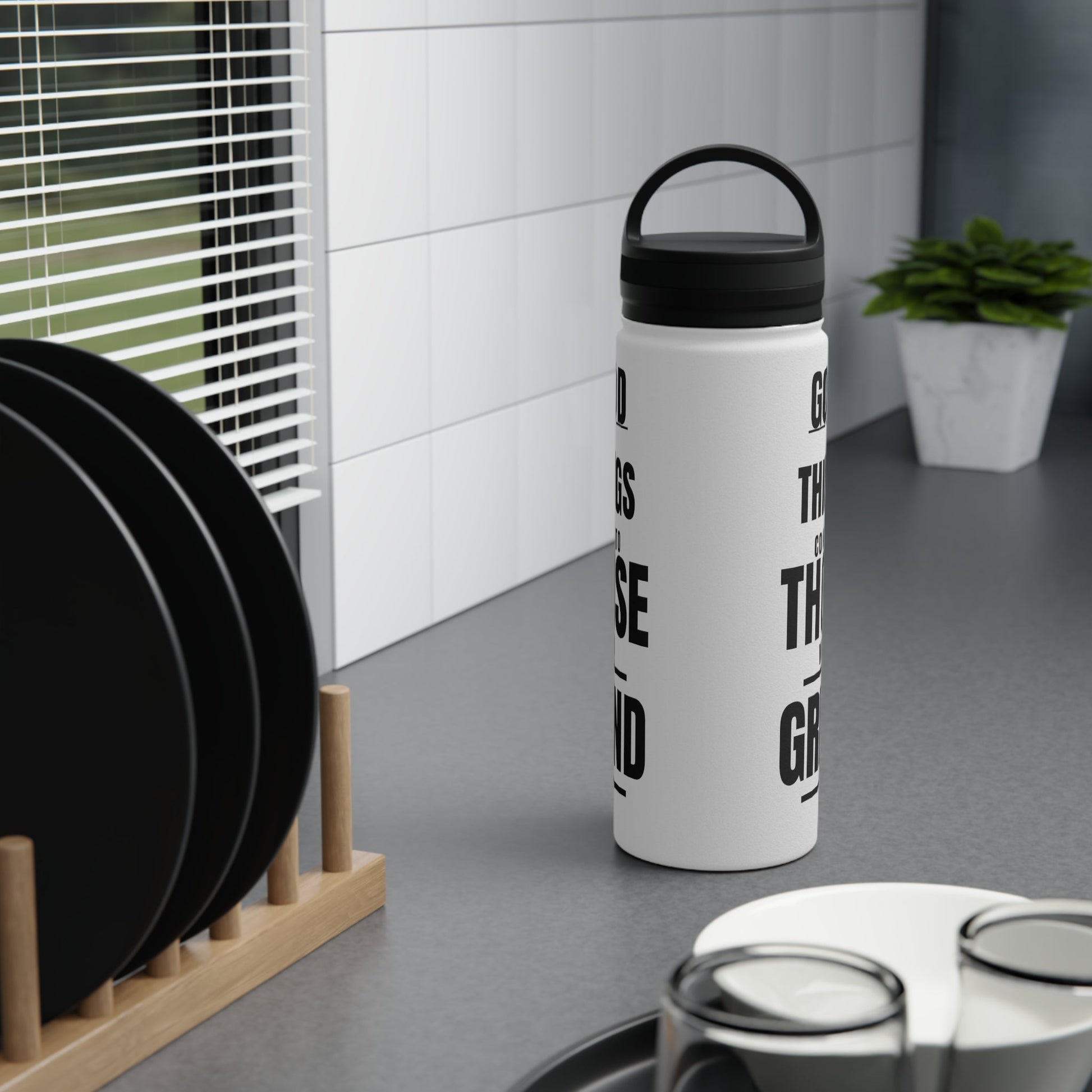 Good Things Stainless Steel Water Bottle Black and White, Handle Lid - Discipline Over Motivation 247