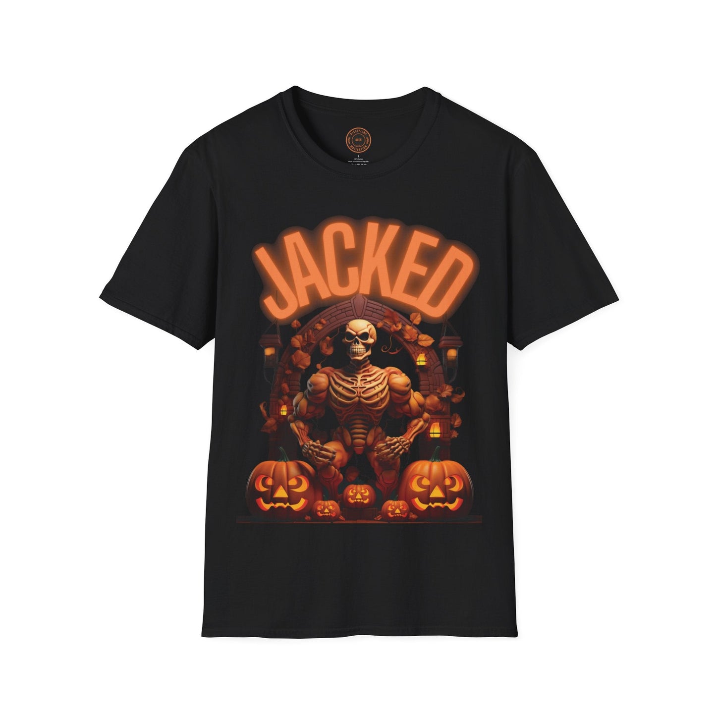 Halloween Jacked Men's Skeleton Muscle Flex Unisex Softstyle T-Shirt - Discipline Over Motivation 24/7