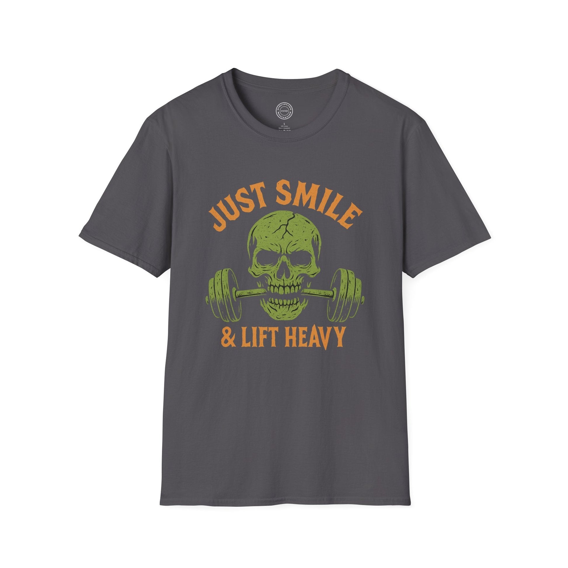Halloween Orange and Green Skull Just Smile and Lift Heavy Pump Cover Up T-Shirt | Motivational Gym & Weightlifting Apparel - Discipline Over Motivation 24/7