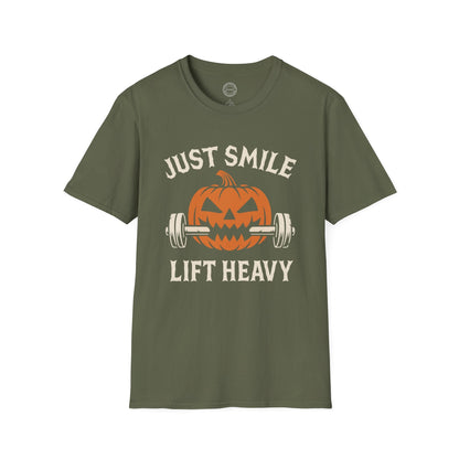 Halloween Orange and White Jack O Lantern Just Smile and Lift Heavy Pump Cover Up T-Shirt | Motivational Gym & Weightlifting Apparel - Discipline Over Motivation 24/7