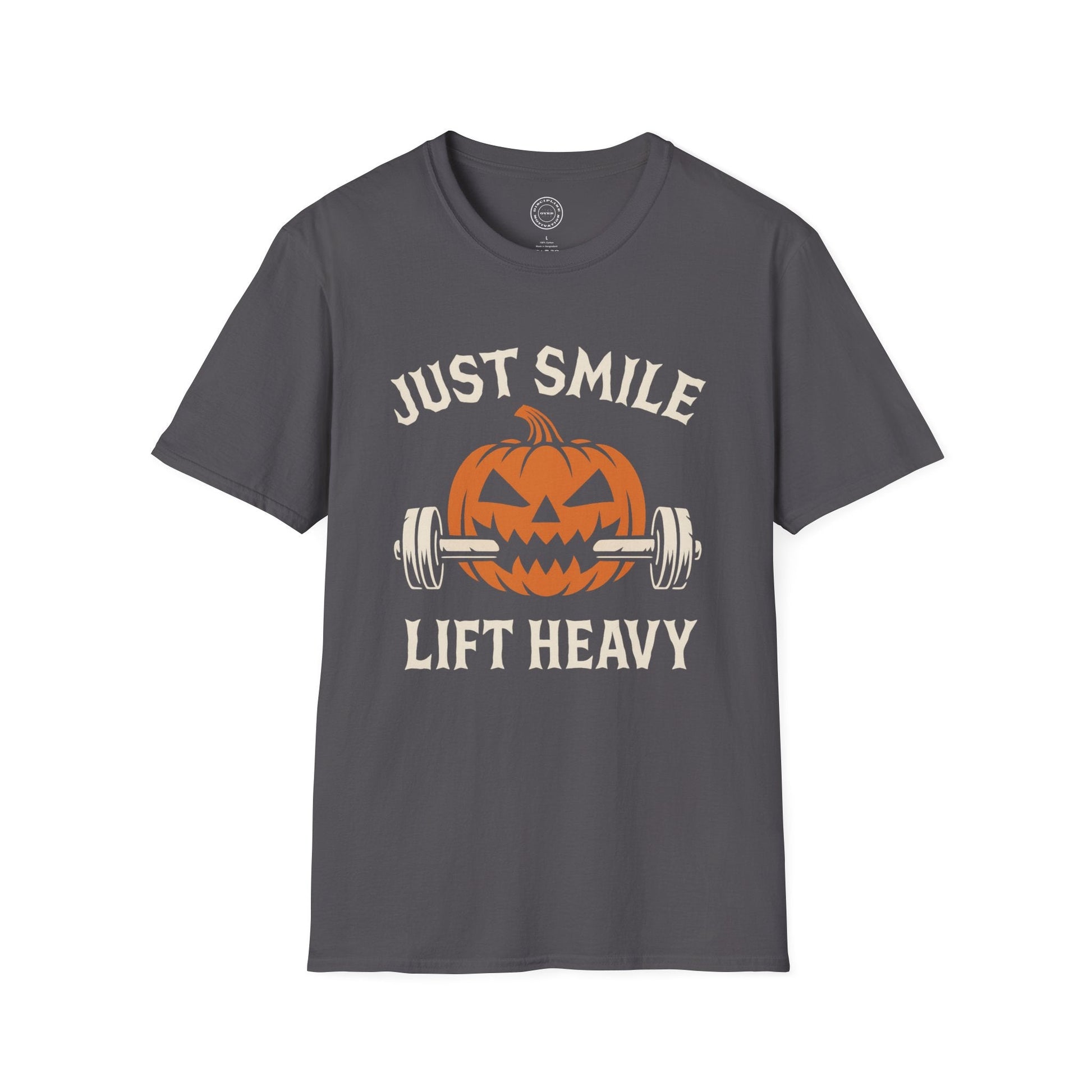 Halloween Orange and White Jack O Lantern Just Smile and Lift Heavy Pump Cover Up T-Shirt | Motivational Gym & Weightlifting Apparel - Discipline Over Motivation 24/7