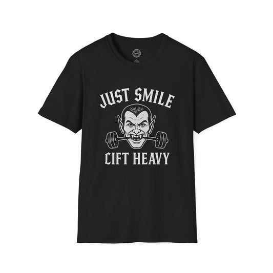 Halloween Spooky Vampire Just Smile and Lift Heavy Pump Cover Up T-Shirt | Motivational Gym & Weightlifting Apparel - Discipline Over Motivation 24/7