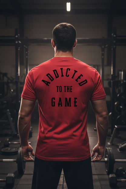 Addicted to the Game Premium Tee in CVC Red - lifestyle gym mockup