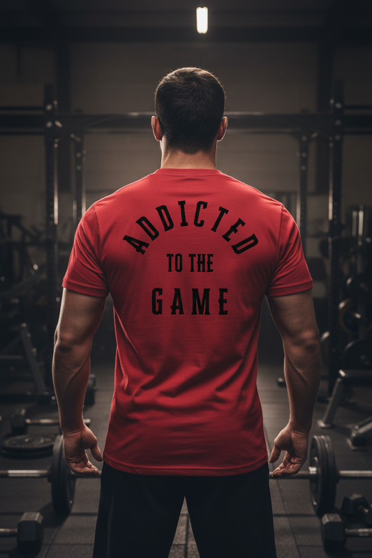 Addicted to the Game Premium Tee in CVC Red - lifestyle gym mockup