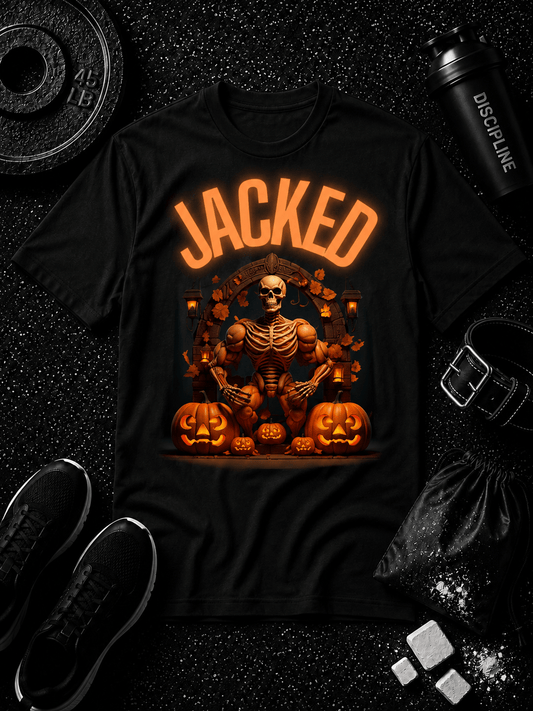 Jacked Men's Halloween Skeleton Muscle Flex Tee - Discipline Over Motivation 24/7