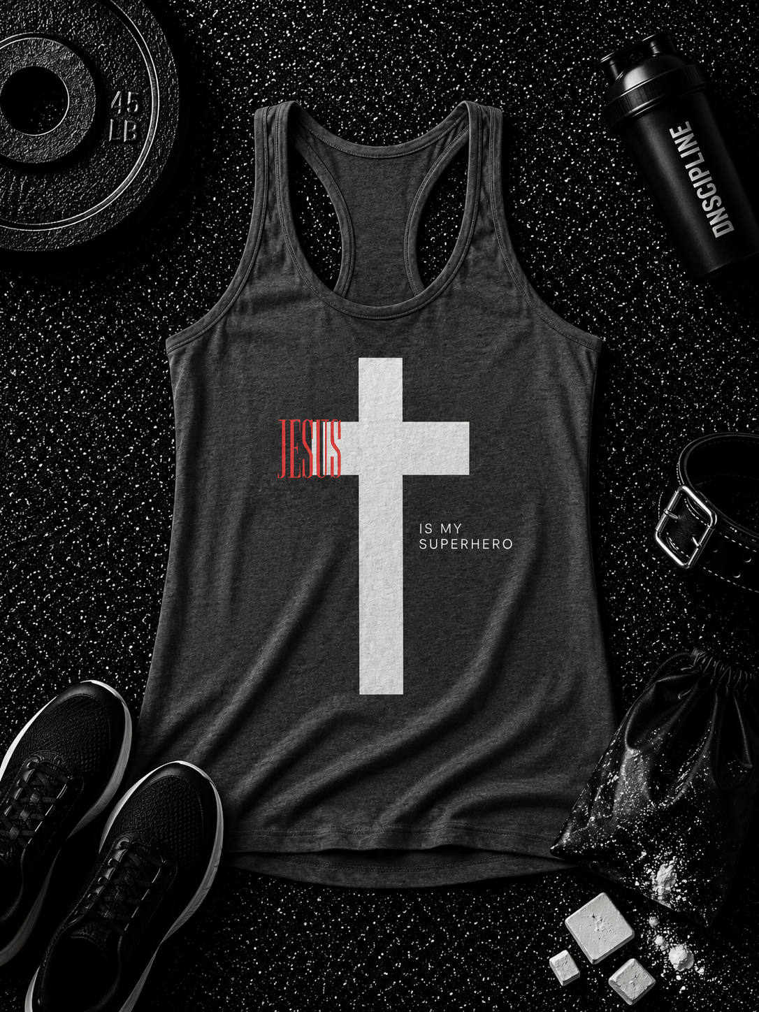 JESUS IS MY SUPERHERO — WOMEN’S RACERBACK TANK - Discipline Over Motivation 24/7