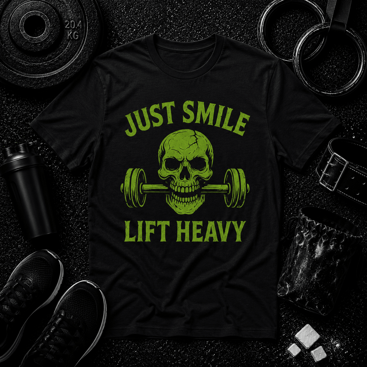 Just Smile and Lift Heavy – Green Skull Edition Tee - Discipline Over Motivation 24/7