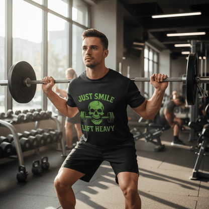 Just Smile and Lift Heavy – Green Skull Edition Tee - Discipline Over Motivation 24/7