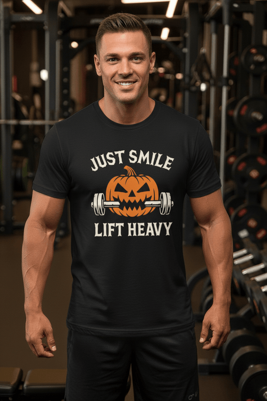Just Smile and Lift Heavy – Jack - O’ - Lantern Edition Tee. - Discipline Over Motivation 24/7
