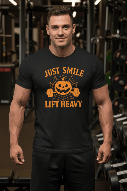 🎃 Just Smile and Lift Heavy – Jack - O’ - Lantern Edition Tee - Discipline Over Motivation 24/7