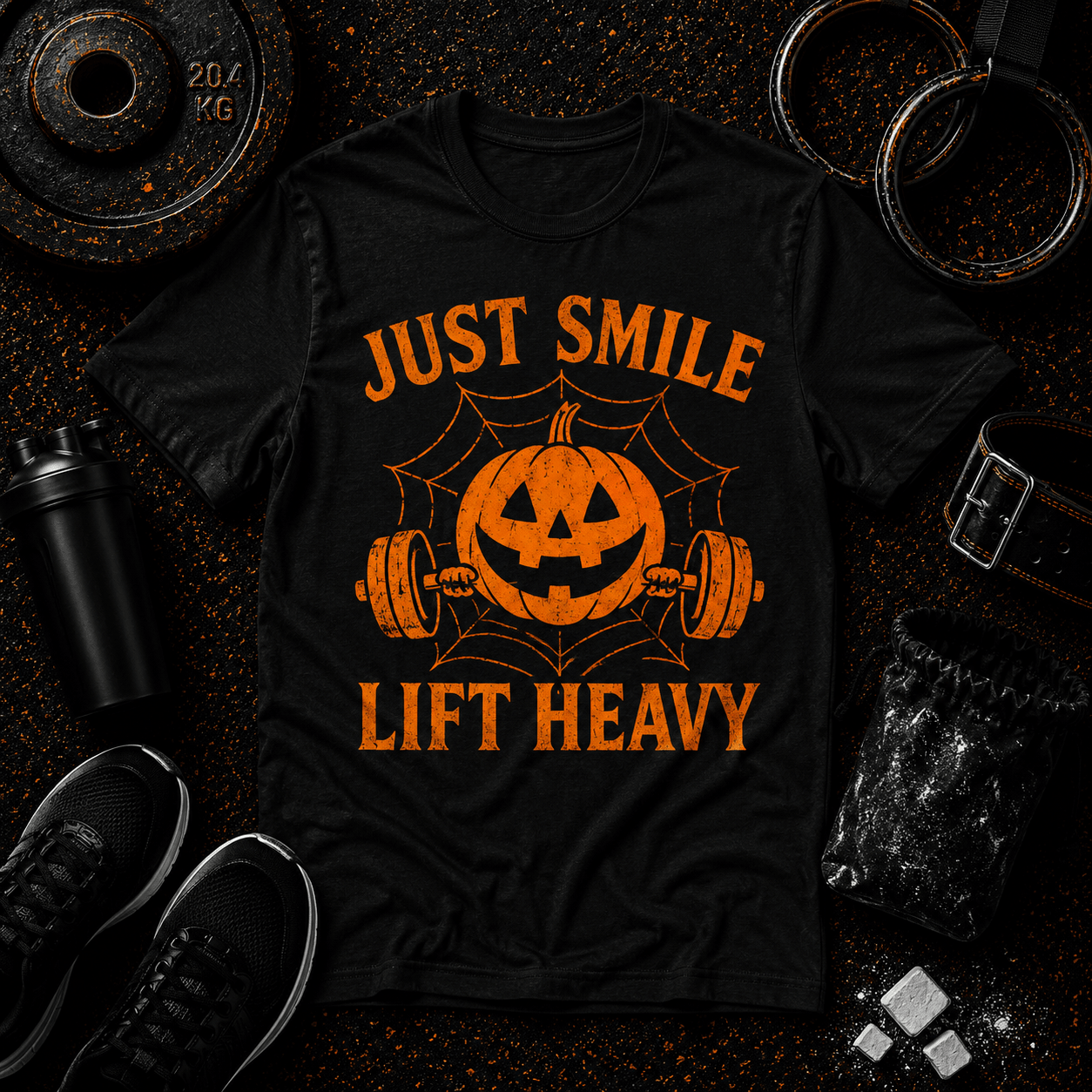 🎃 Just Smile and Lift Heavy – Jack-O’-Lantern Edition Tee - Discipline Over Motivation 24/7