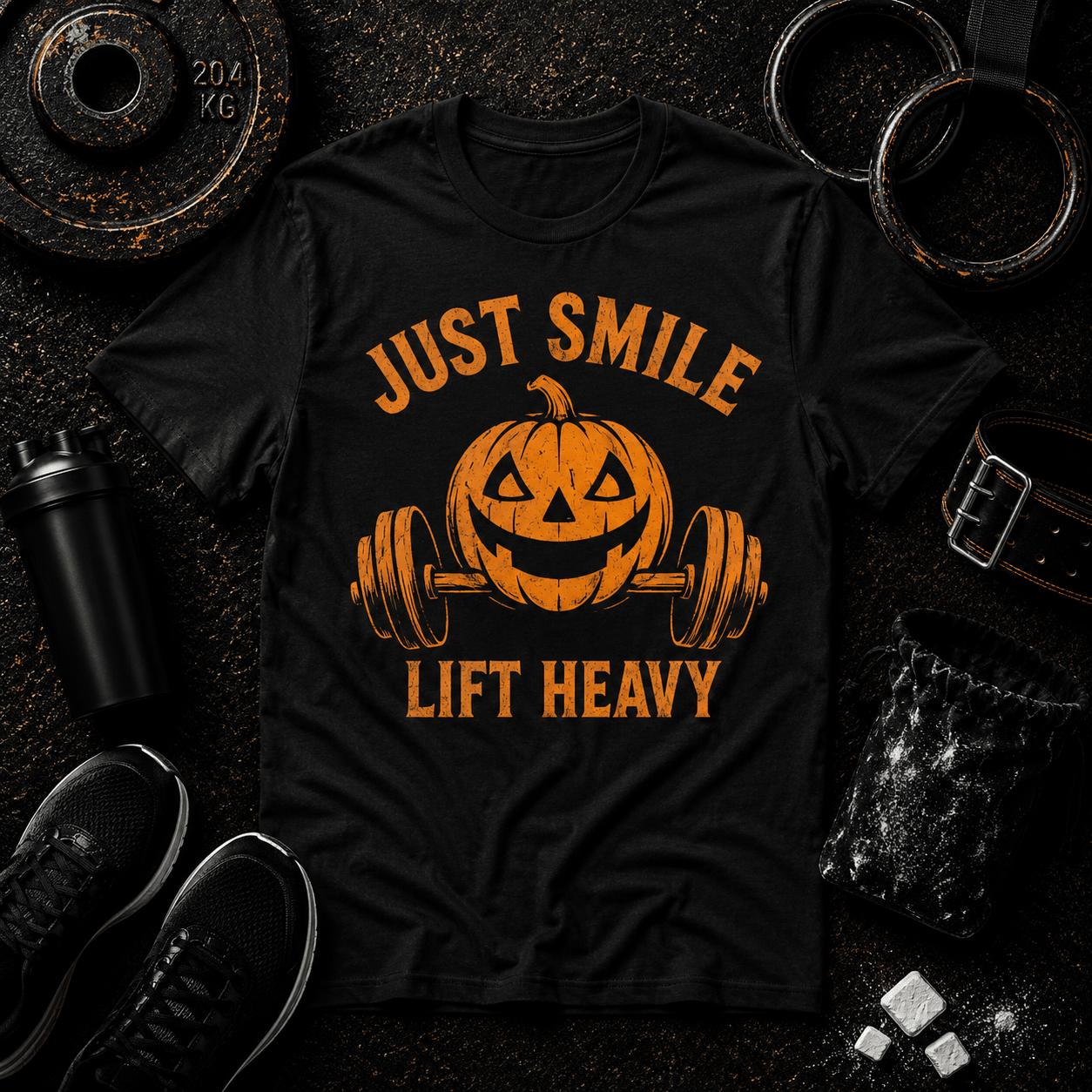 🎃 Just Smile and Lift Heavy – Jack-O’-Lantern Edition Tee - Discipline Over Motivation 24/7