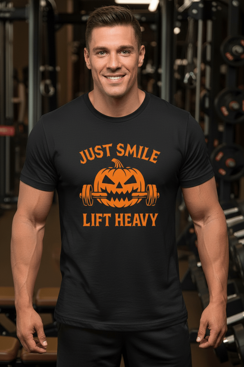🎃 Just Smile and Lift Heavy – Jack - O’ - Lantern Edition Tee - Discipline Over Motivation 24/7