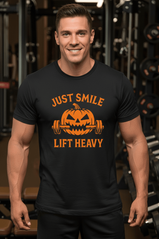 🎃 Just Smile and Lift Heavy – Jack - O’ - Lantern Edition Tee - Discipline Over Motivation 24/7