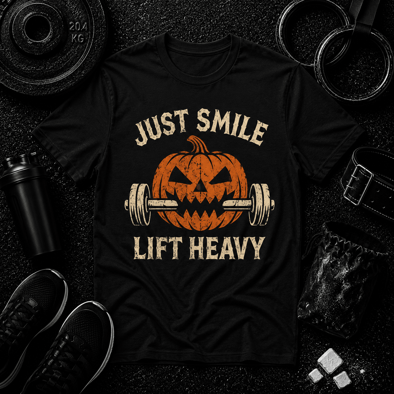 Just Smile and Lift Heavy – Jack-O’-Lantern Edition Tee. - Discipline Over Motivation 24/7