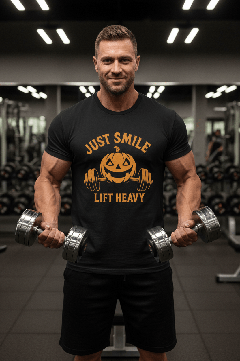 🎃 Just Smile and Lift Heavy – Jack - O’ - Lantern Edition Tee - Discipline Over Motivation 24/7