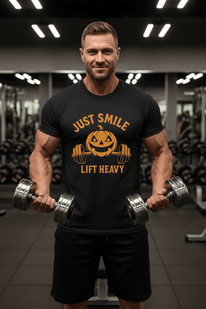 🎃 Just Smile and Lift Heavy – Jack - O’ - Lantern Edition Tee - Discipline Over Motivation 24/7