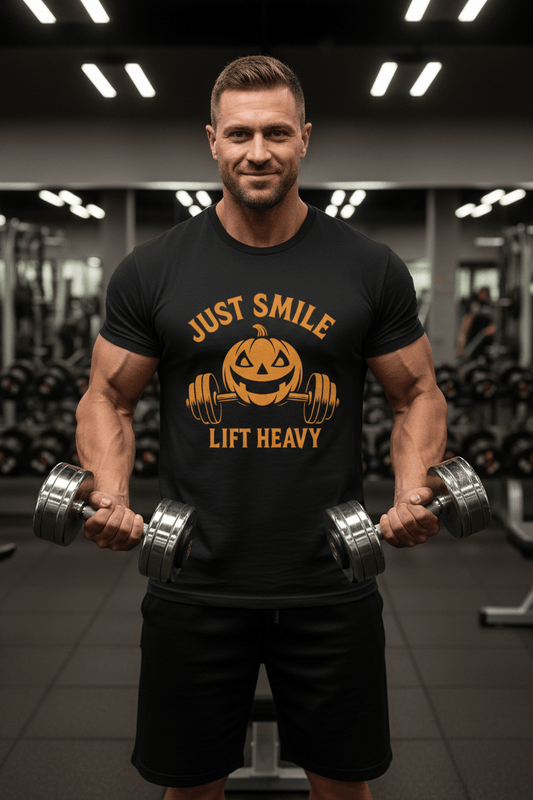 🎃 Just Smile and Lift Heavy – Jack - O’ - Lantern Edition Tee - Discipline Over Motivation 24/7