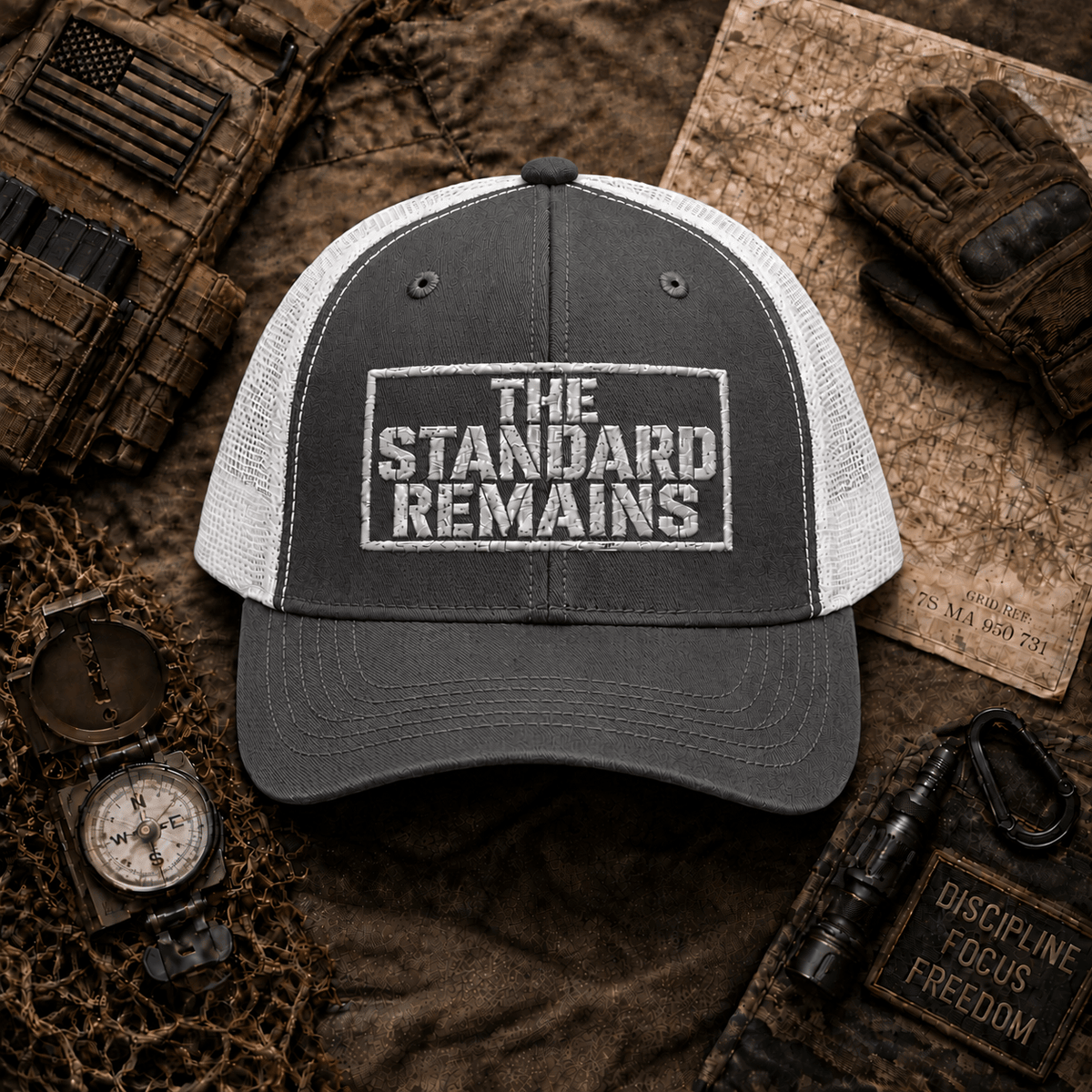 THE STANDARD REMAINS™ — EMBROIDERED TRUCKER HAT - Discipline Over Motivation 24/7
