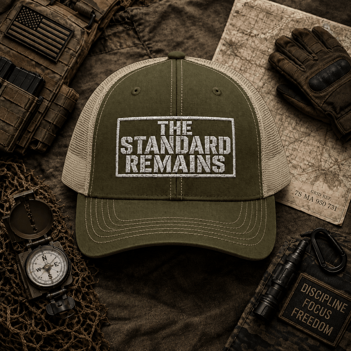 THE STANDARD REMAINS™ — EMBROIDERED TRUCKER HAT - Discipline Over Motivation 24/7