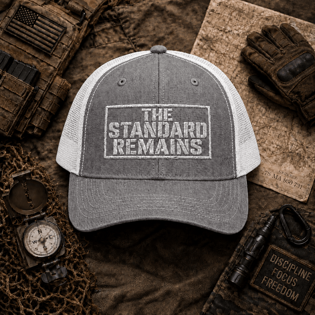 THE STANDARD REMAINS™ — EMBROIDERED TRUCKER HAT - Discipline Over Motivation 24/7