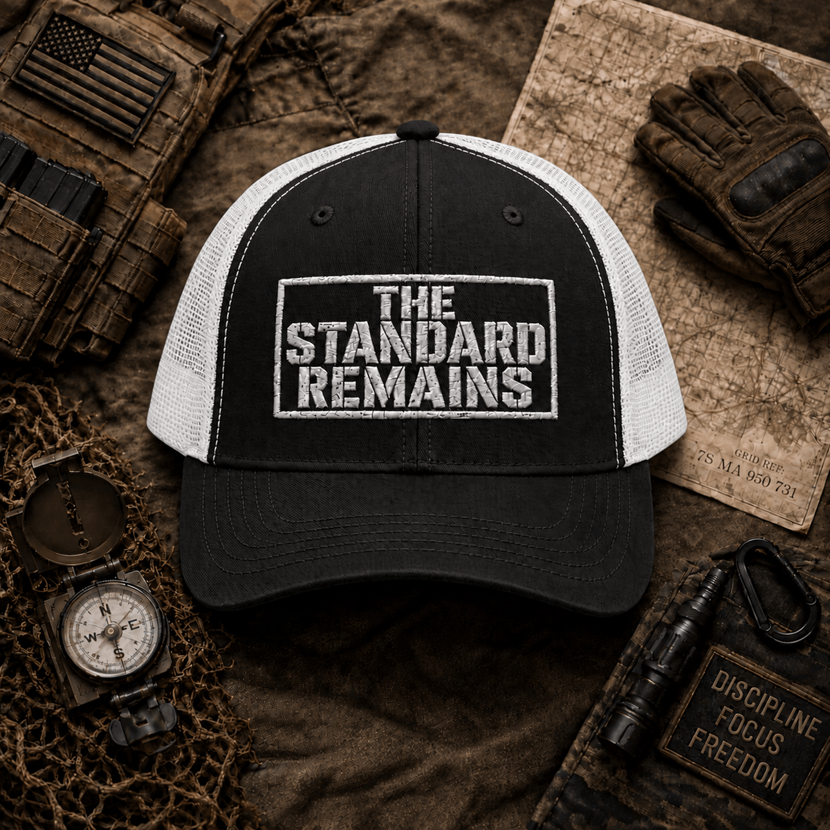 THE STANDARD REMAINS™ — EMBROIDERED TRUCKER HAT - Discipline Over Motivation 24/7